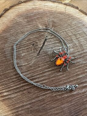 Pier 1 Silver-Tone Spider Necklace with Bright Orange Crystals - Halloween 🎃 👻